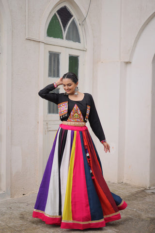 Multicolour Roman Fabric Lehenga Set with Gamthi Embroidery, Mirror & Lace Work – Koti Style Blouse ClothsVilla