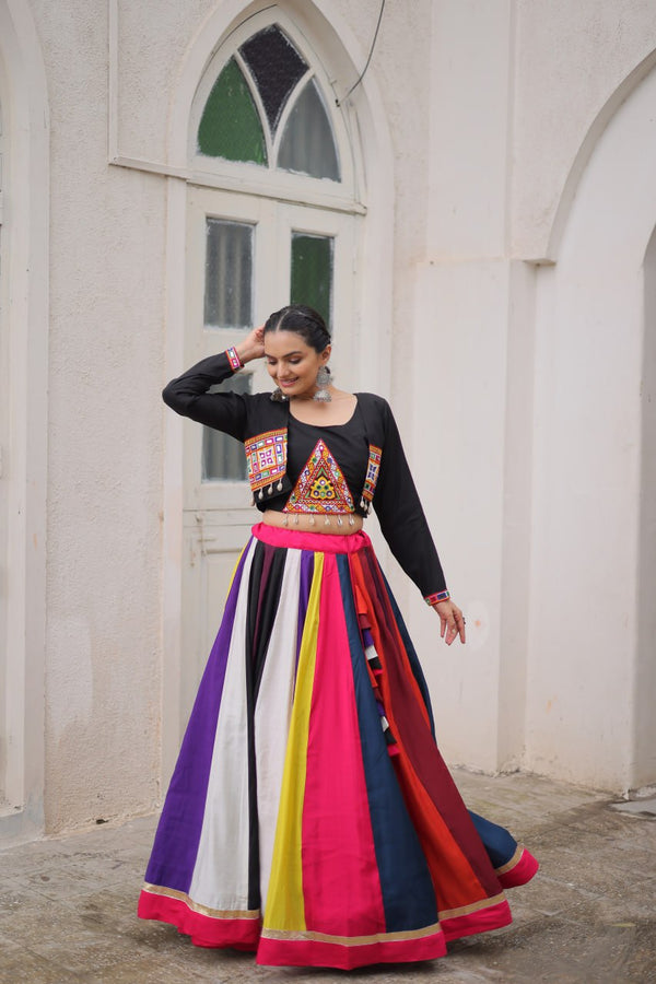 Multicolour Roman Fabric Lehenga Set with Gamthi Embroidery, Mirror & Lace Work – Koti Style Blouse ClothsVilla