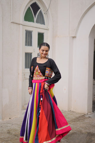 Multicolour Roman Fabric Lehenga Set with Gamthi Embroidery, Mirror & Lace Work – Koti Style Blouse ClothsVilla