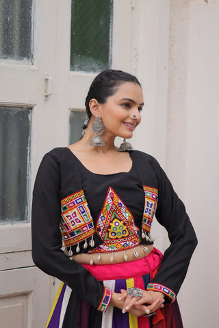Multicolour Roman Fabric Lehenga Set with Gamthi Embroidery, Mirror & Lace Work – Koti Style Blouse ClothsVilla