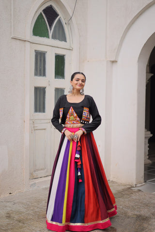 Multicolour Roman Fabric Lehenga Set with Gamthi Embroidery, Mirror & Lace Work – Koti Style Blouse ClothsVilla