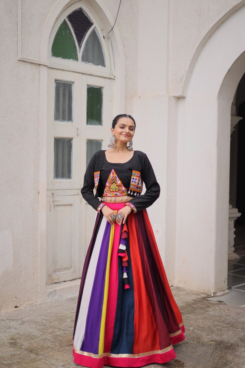 Multicolour Roman Fabric Lehenga Set with Gamthi Embroidery, Mirror & Lace Work – Koti Style Blouse ClothsVilla