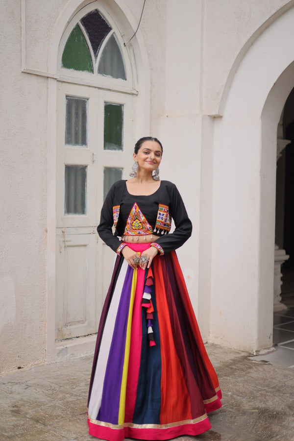 Multicolour Roman Fabric Lehenga Set with Gamthi Embroidery, Mirror & Lace Work – Koti Style Blouse ClothsVilla