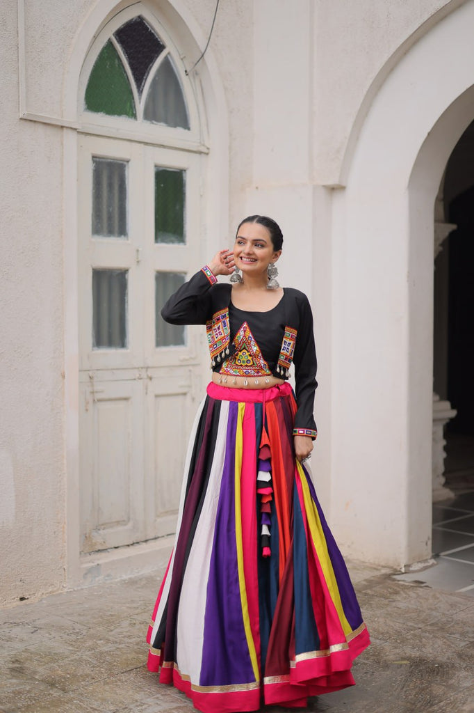 Multicolour Roman Fabric Lehenga Set with Gamthi Embroidery, Mirror & Lace Work – Koti Style Blouse ClothsVilla