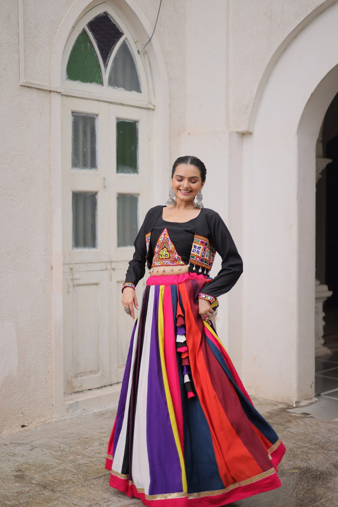 Multicolour Roman Fabric Lehenga Set with Gamthi Embroidery, Mirror & Lace Work – Koti Style Blouse ClothsVilla