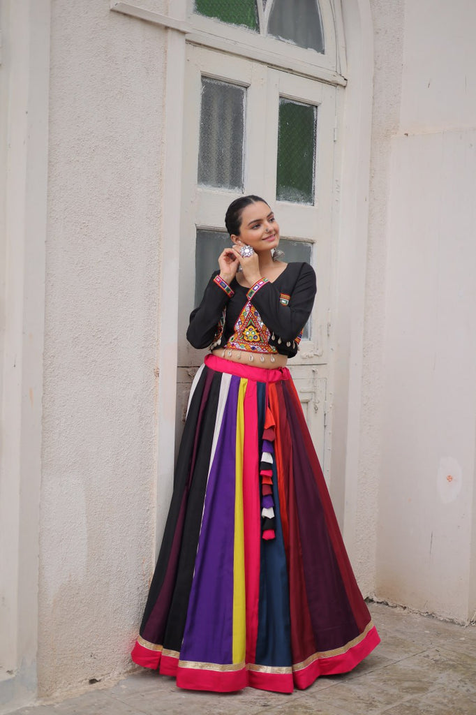 Multicolour Roman Fabric Lehenga Set with Gamthi Embroidery, Mirror & Lace Work – Koti Style Blouse ClothsVilla