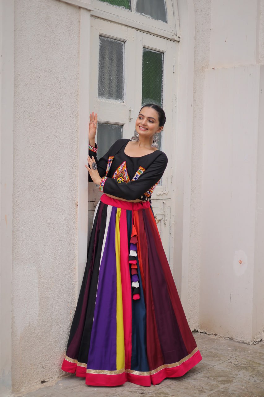 Multicolour Roman Fabric Lehenga Set with Gamthi Embroidery, Mirror & Lace Work – Koti Style Blouse ClothsVilla