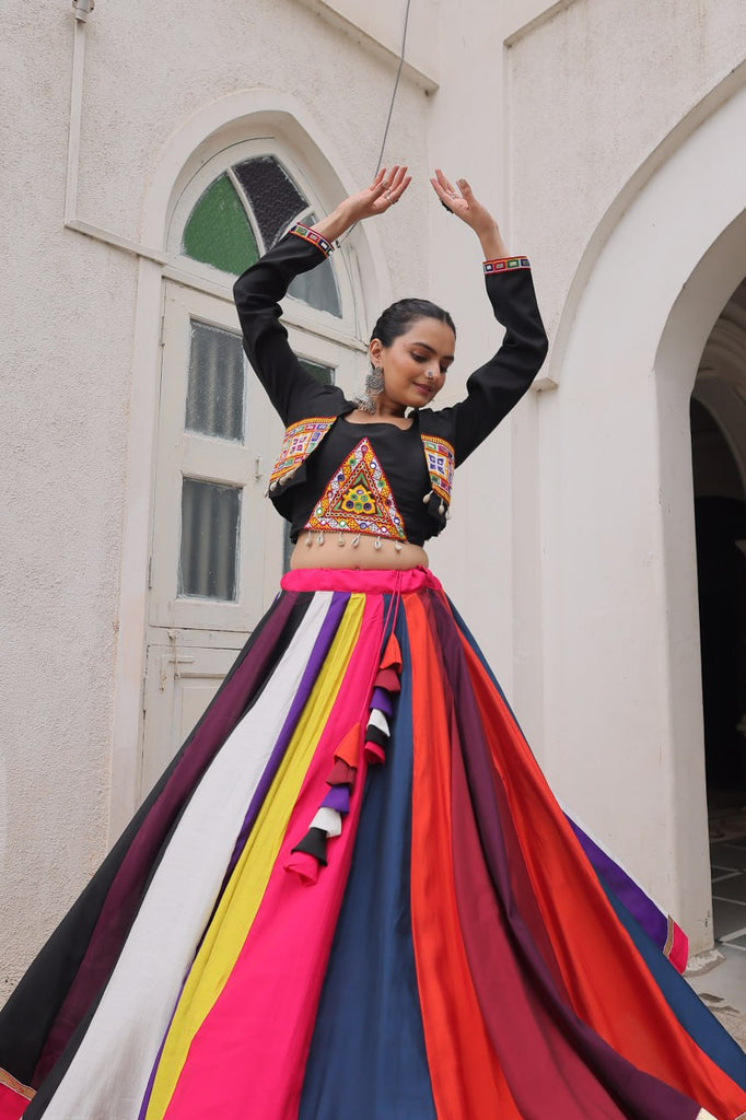 Multicolour Roman Fabric Lehenga Set with Gamthi Embroidery, Mirror & Lace Work – Koti Style Blouse ClothsVilla