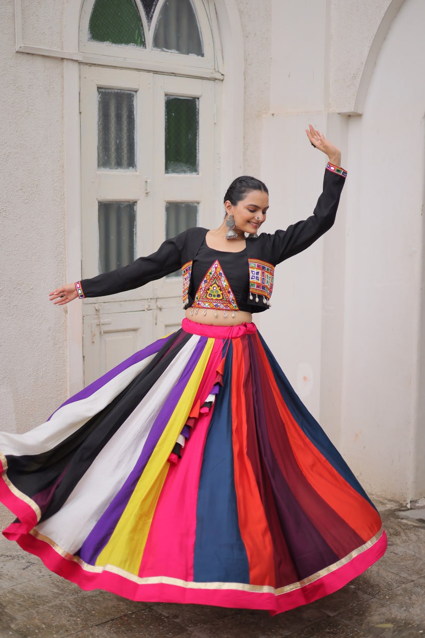 Multicolour Roman Fabric Lehenga Set with Gamthi Embroidery, Mirror & Lace Work – Koti Style Blouse ClothsVilla