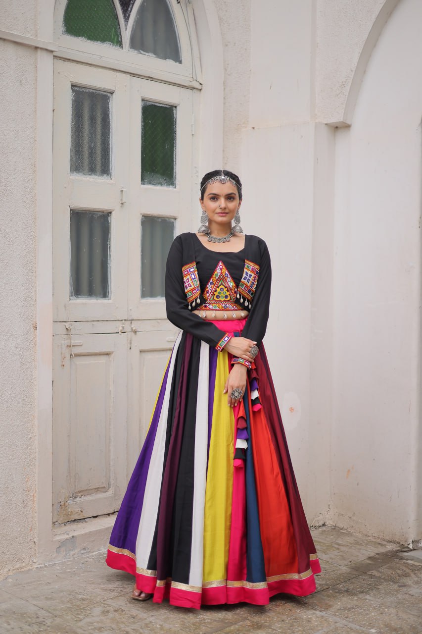 Multicolour Roman Fabric Lehenga Set with Gamthi Embroidery, Mirror & Lace Work – Koti Style Blouse ClothsVilla