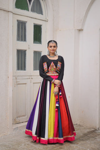 Multicolour Roman Fabric Lehenga Set with Gamthi Embroidery, Mirror & Lace Work – Koti Style Blouse ClothsVilla