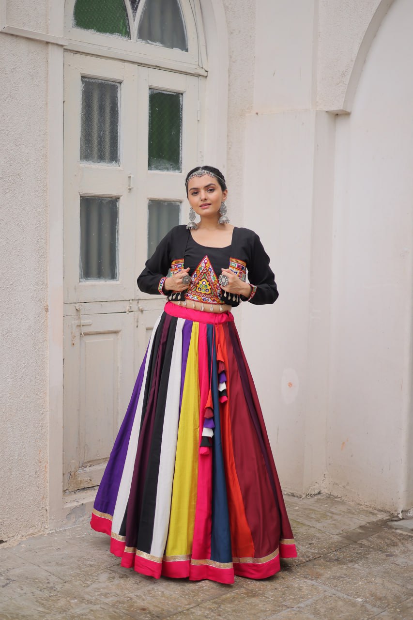 Multicolour Roman Fabric Lehenga Set with Gamthi Embroidery, Mirror & Lace Work – Koti Style Blouse ClothsVilla