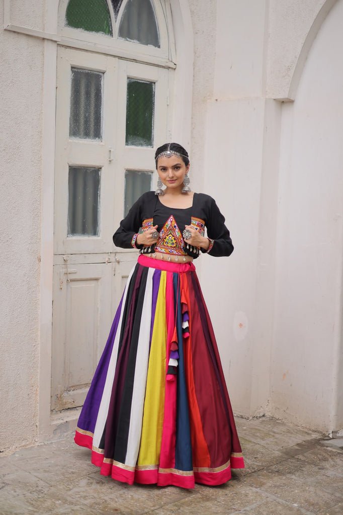 Multicolour Roman Fabric Lehenga Set with Gamthi Embroidery, Mirror & Lace Work – Koti Style Blouse ClothsVilla