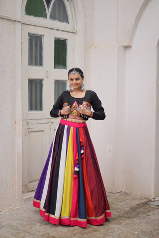 Multicolour Roman Fabric Lehenga Set with Gamthi Embroidery, Mirror & Lace Work – Koti Style Blouse ClothsVilla