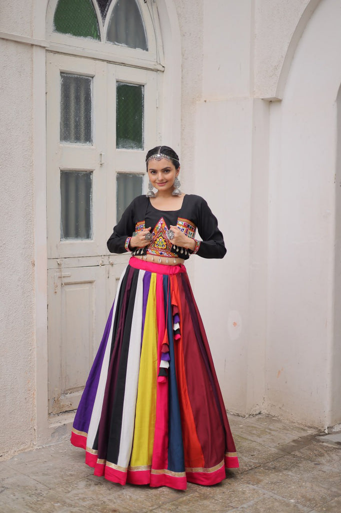 Multicolour Roman Fabric Lehenga Set with Gamthi Embroidery, Mirror & Lace Work – Koti Style Blouse ClothsVilla