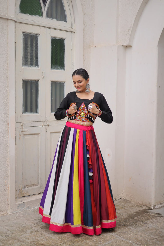 Multicolour Roman Fabric Lehenga Set with Gamthi Embroidery, Mirror & Lace Work – Koti Style Blouse ClothsVilla