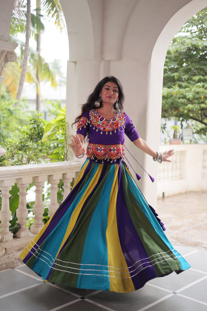 Multicolour Roman Fabric Lehenga with Gota Lace Work & Gamthi Embroidered Mirror Work Blouse ClothsVilla