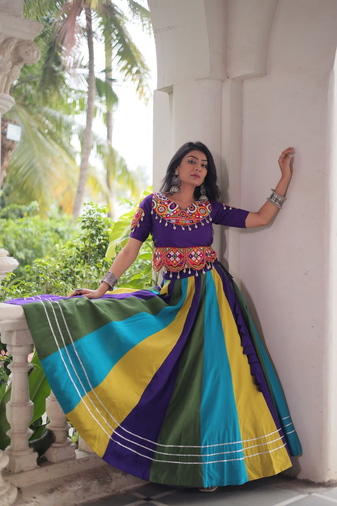 Multicolour Roman Fabric Lehenga with Gota Lace Work & Gamthi Embroidered Mirror Work Blouse ClothsVilla