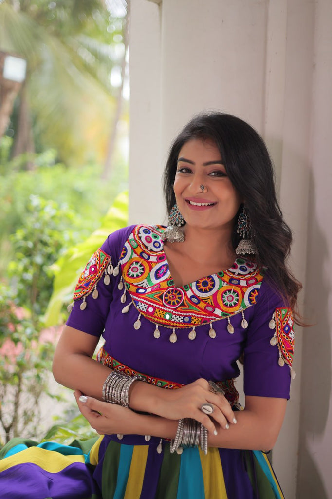 Multicolour Roman Fabric Lehenga with Gota Lace Work & Gamthi Embroidered Mirror Work Blouse ClothsVilla