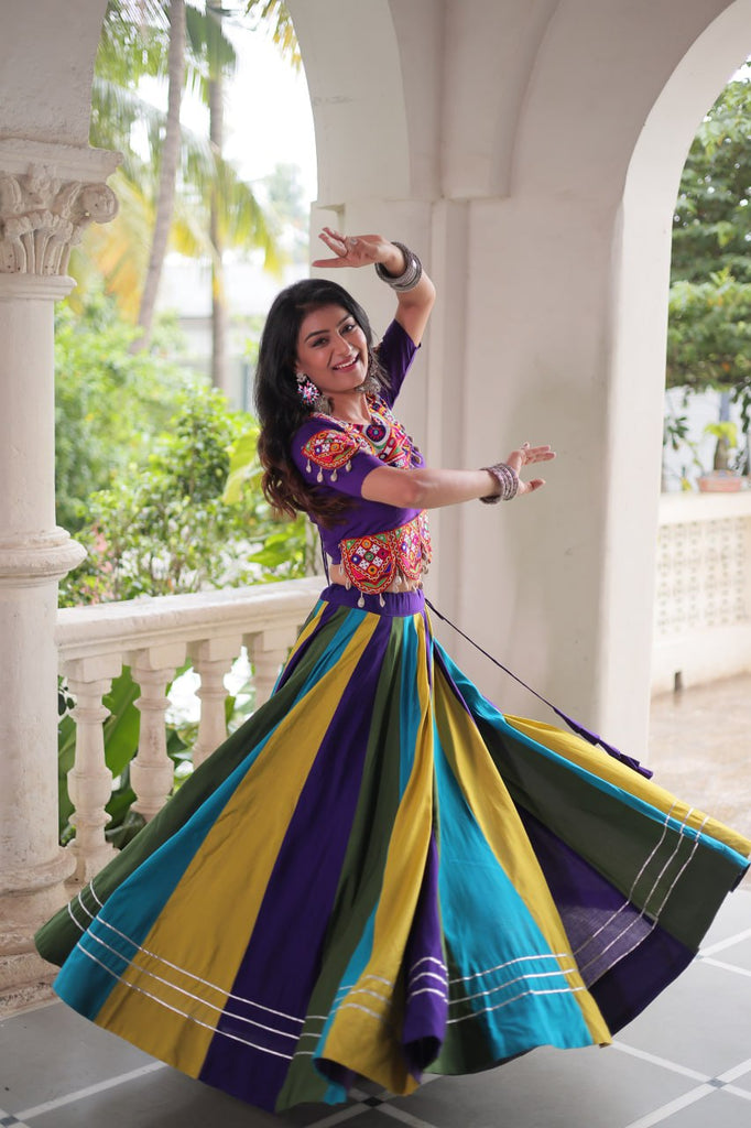 Multicolour Roman Fabric Lehenga with Gota Lace Work & Gamthi Embroidered Mirror Work Blouse ClothsVilla
