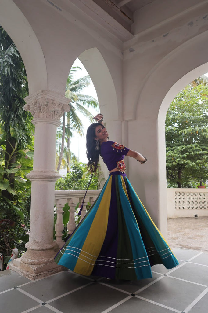Multicolour Roman Fabric Lehenga with Gota Lace Work & Gamthi Embroidered Mirror Work Blouse ClothsVilla