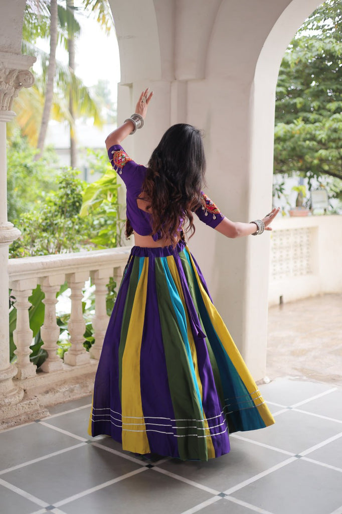 Multicolour Roman Fabric Lehenga with Gota Lace Work & Gamthi Embroidered Mirror Work Blouse ClothsVilla