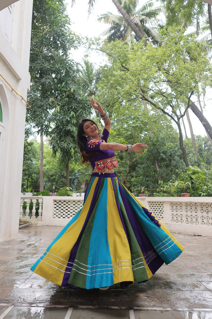 Multicolour Roman Fabric Lehenga with Gota Lace Work & Gamthi Embroidered Mirror Work Blouse ClothsVilla