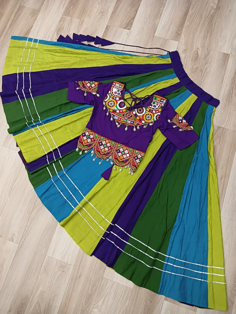 Multicolour Roman Fabric Lehenga with Gota Lace Work & Gamthi Embroidered Mirror Work Blouse ClothsVilla