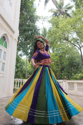 Multicolour Roman Fabric Lehenga with Gota Lace Work & Gamthi Embroidered Mirror Work Blouse ClothsVilla