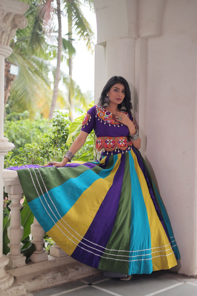 Multicolour Roman Fabric Lehenga with Gota Lace Work & Gamthi Embroidered Mirror Work Blouse ClothsVilla