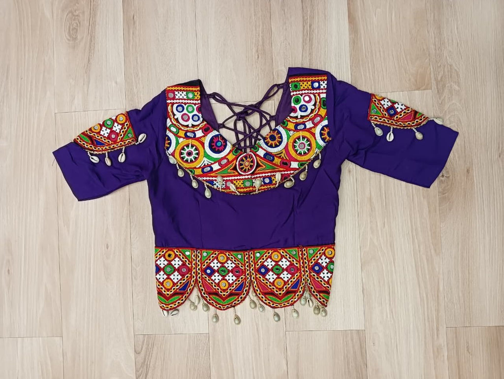 Multicolour Roman Fabric Lehenga with Gota Lace Work & Gamthi Embroidered Mirror Work Blouse ClothsVilla