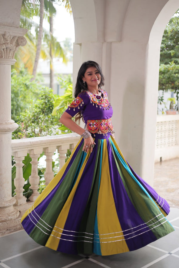 Multicolour Roman Fabric Lehenga with Gota Lace Work & Gamthi Embroidered Mirror Work Blouse ClothsVilla