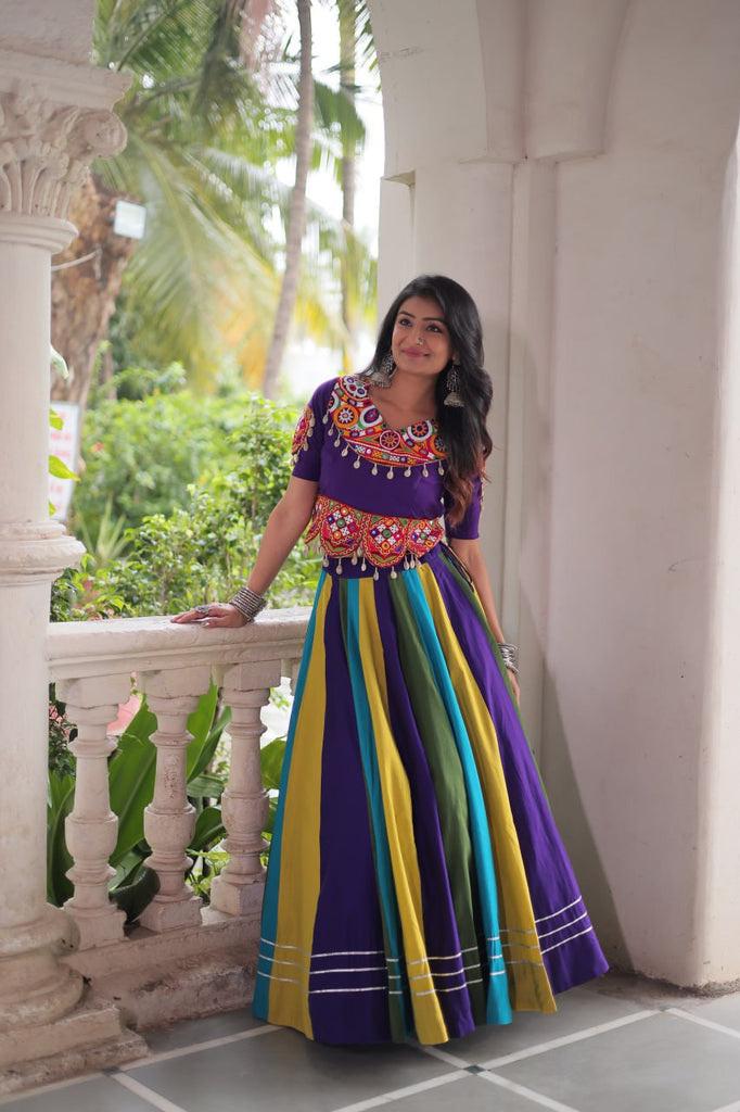 Multicolour Roman Fabric Lehenga with Gota Lace Work & Gamthi Embroidered Mirror Work Blouse ClothsVilla