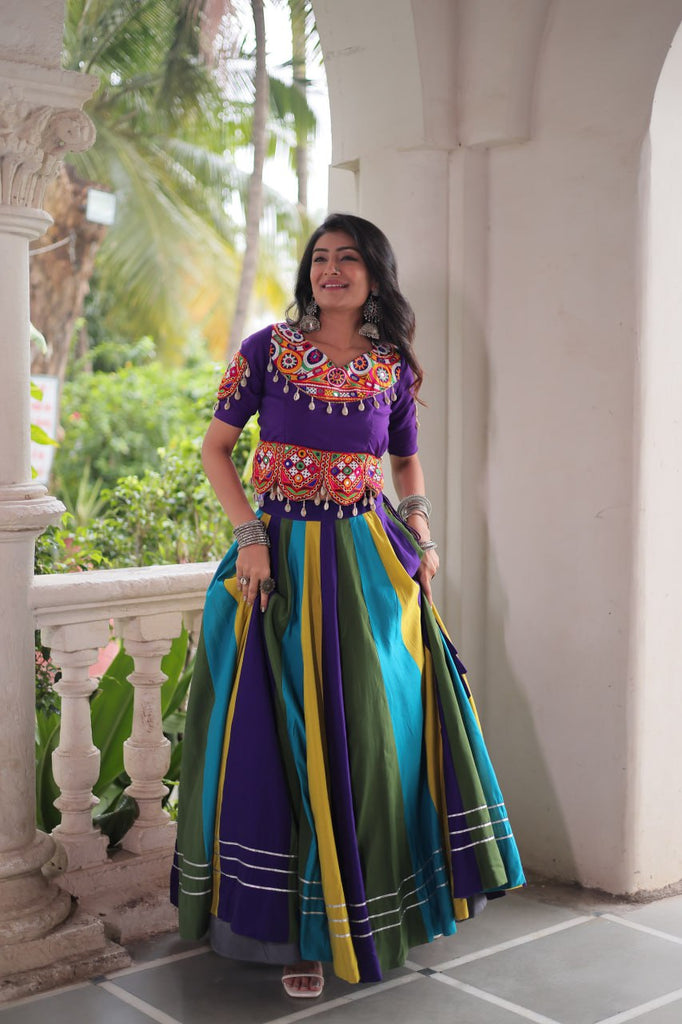 Multicolour Roman Fabric Lehenga with Gota Lace Work & Gamthi Embroidered Mirror Work Blouse ClothsVilla