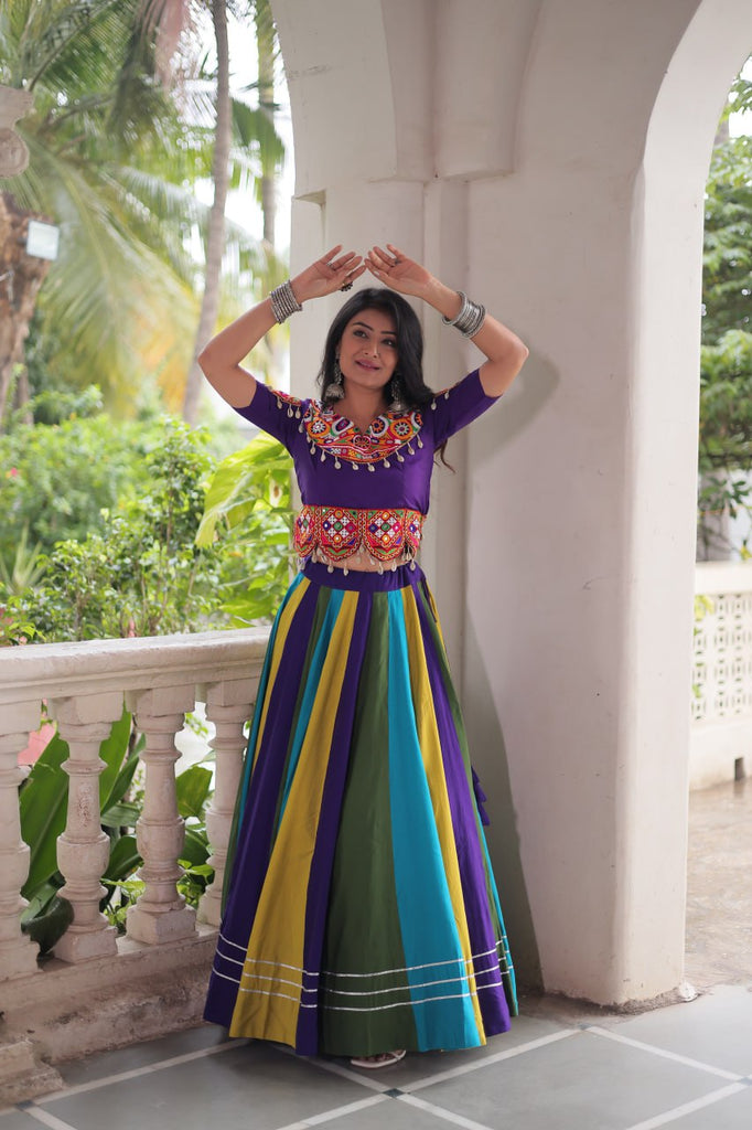 Multicolour Roman Fabric Lehenga with Gota Lace Work & Gamthi Embroidered Mirror Work Blouse ClothsVilla