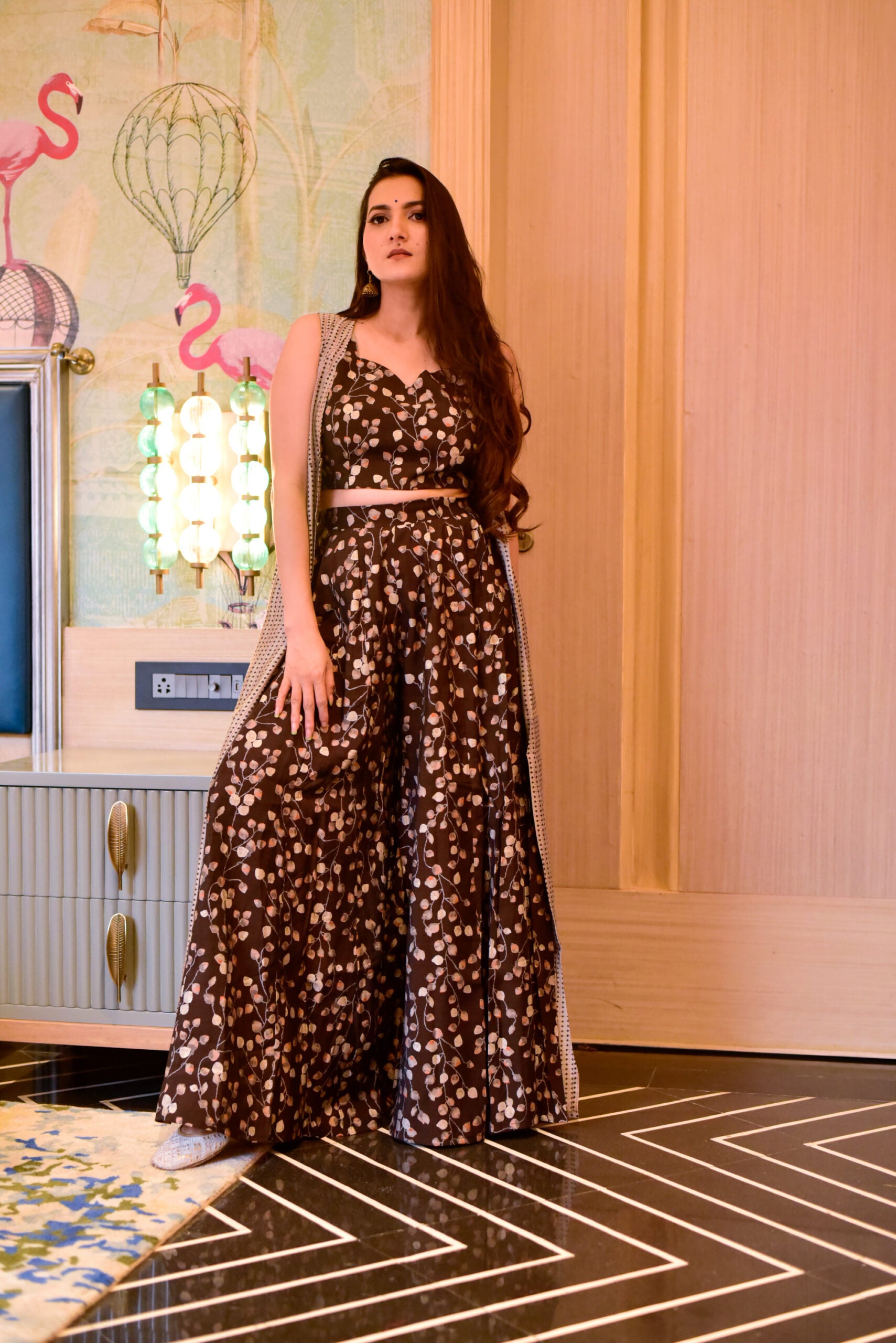 Muslin 3-Piece Designer Suit Set - Brown Top, Brown Palazzo Pants & Grey Shrug ClothsVilla Main image