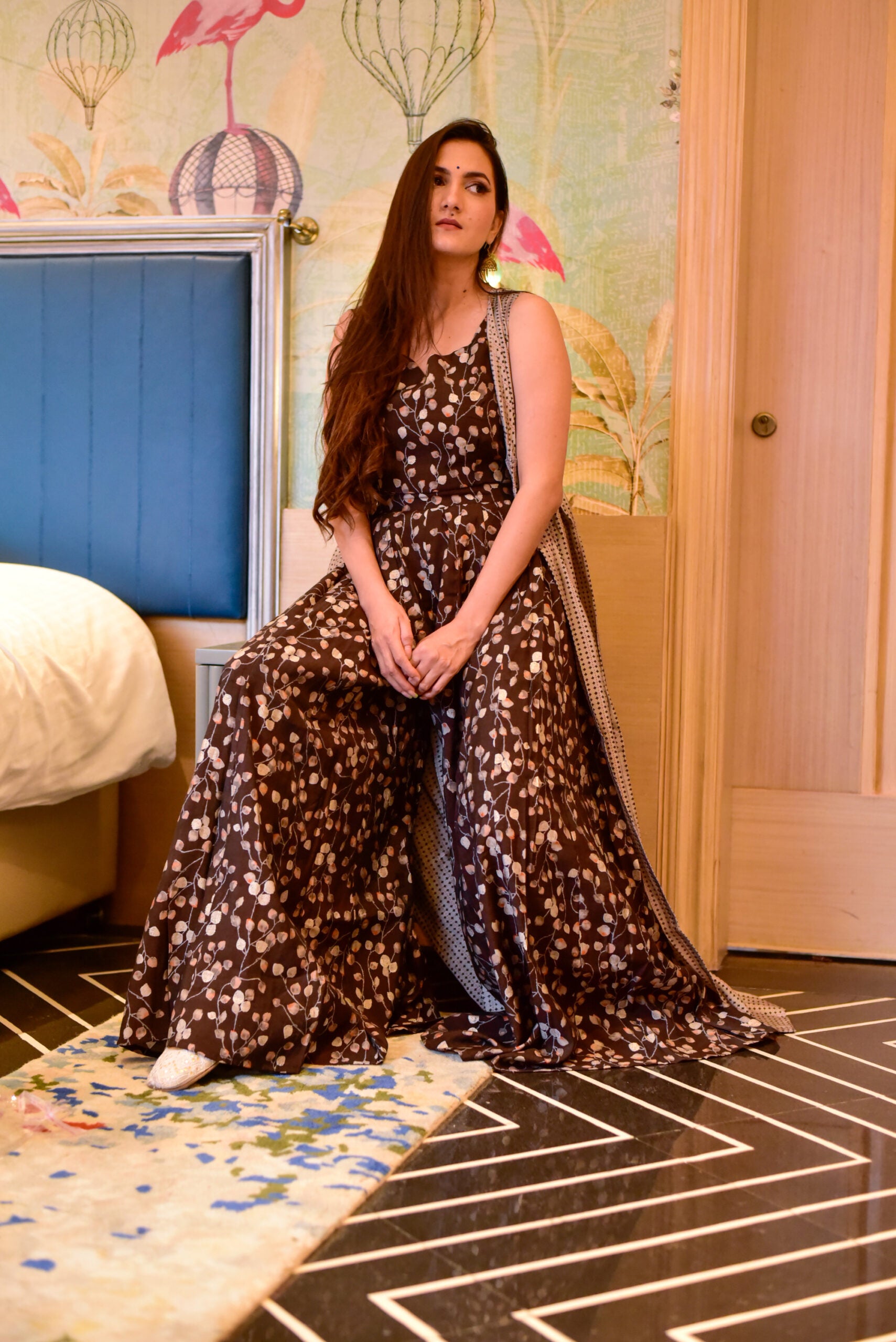 Muslin 3-Piece Designer Suit Set - Brown Top, Brown Palazzo Pants & Grey Shrug Secondary image