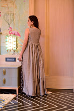 Load image into Gallery viewer, Muslin 3-Piece Designer Suit Set - Brown Top, Brown Palazzo Pants &amp; Grey Shrug ClothsVilla