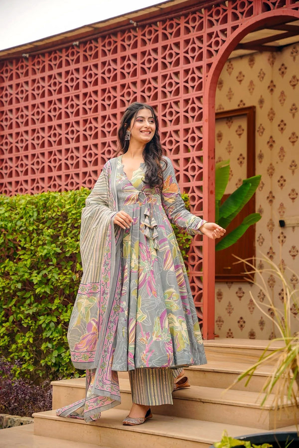 Muslin Digital Print Anarkali Kurti Pant Dupatta Collection Clothsvilla