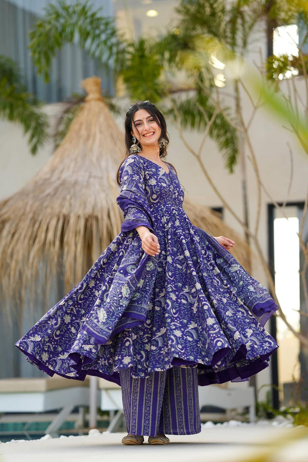 Muslin Digital Print Anarkali Kurti Pant Dupatta Collection Clothsvilla