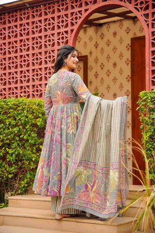 Muslin Digital Print Anarkali Kurti Pant Dupatta Collection Clothsvilla