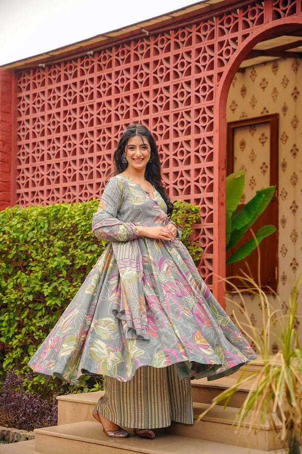 Muslin Digital Print Anarkali Kurti Pant Dupatta Collection Clothsvilla