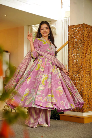 Muslin Digital Print Anarkali Kurti Pant Dupatta Collection Clothsvilla