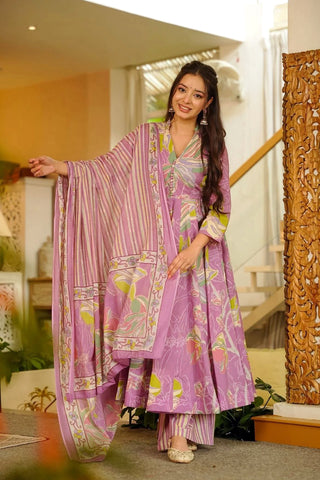Muslin Digital Print Anarkali Kurti Pant Dupatta Collection Clothsvilla