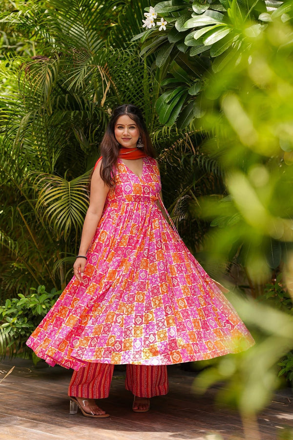 Muslin Digital Print Anarkali Kurti Pant Dupatta Set Clothsvilla