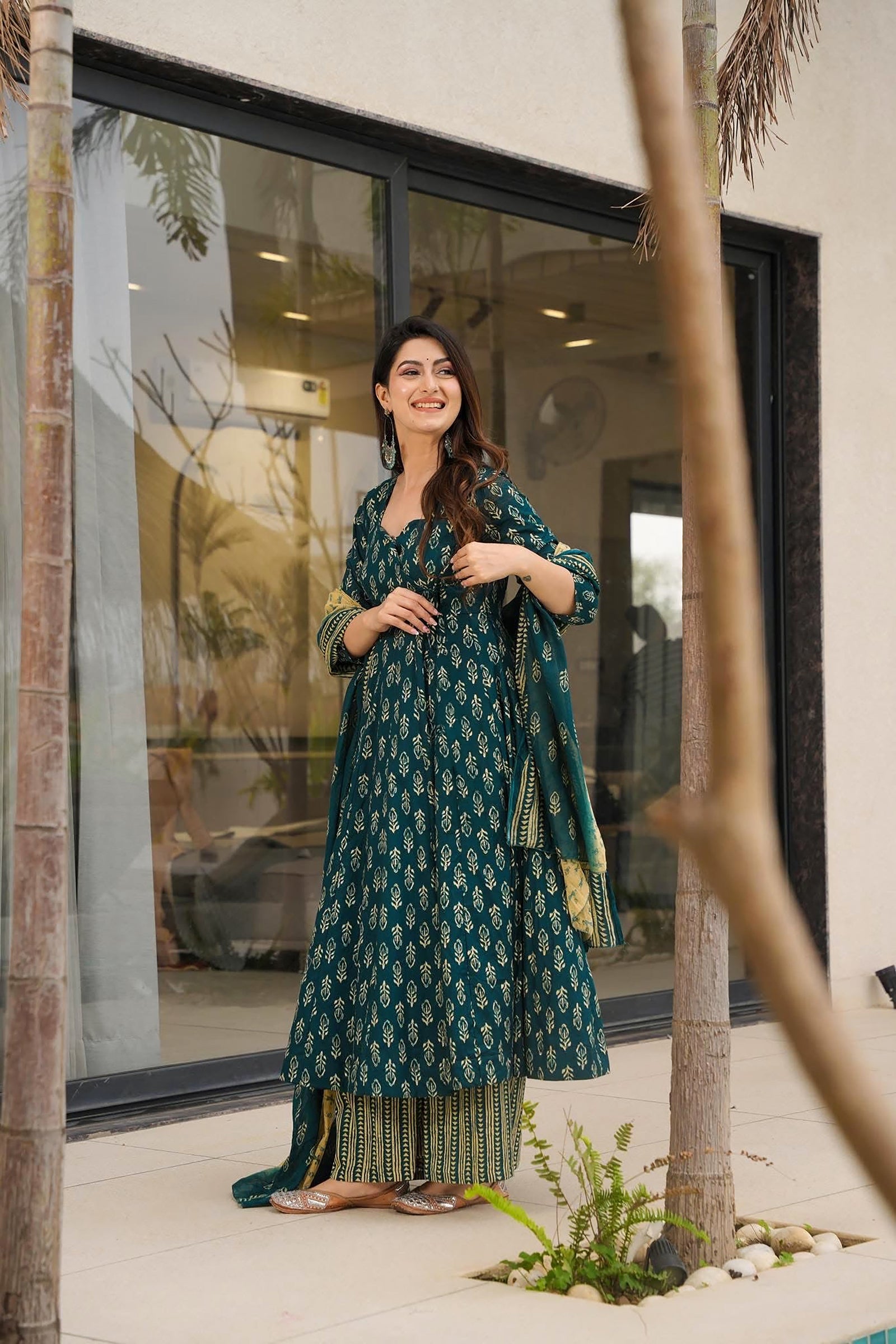 Muslin Digital Print Anarkali Kurti Pant Dupatta Set Clothsvilla