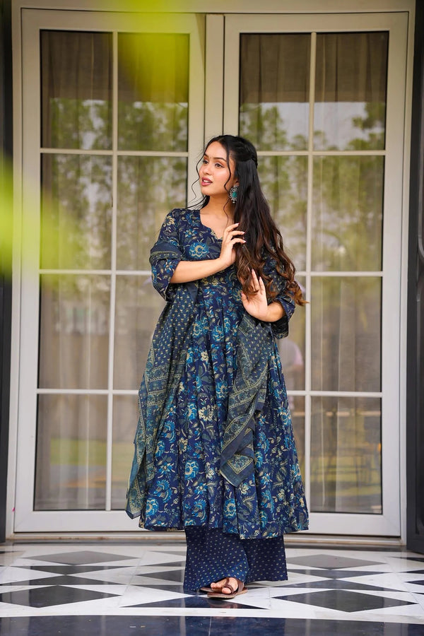 Muslin Digital Print Anarkali Kurti Pant Dupatta Set Clothsvilla