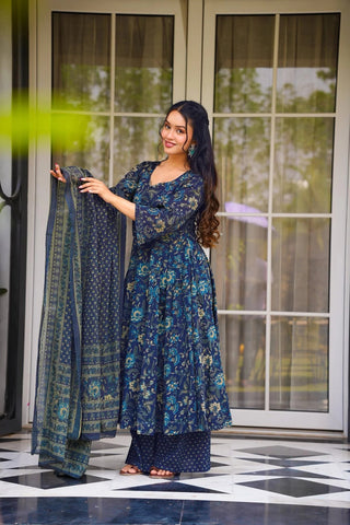 Muslin Digital Print Anarkali Kurti Pant Dupatta Set Clothsvilla
