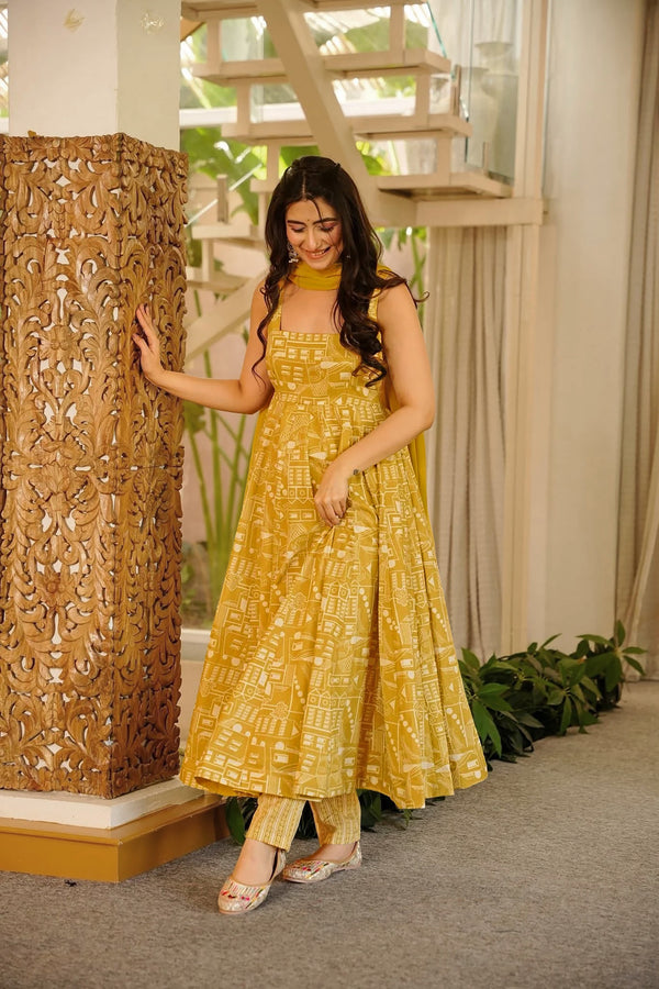 Muslin Digital Print Anarkali Kurti Pant Dupatta Set Clothsvilla