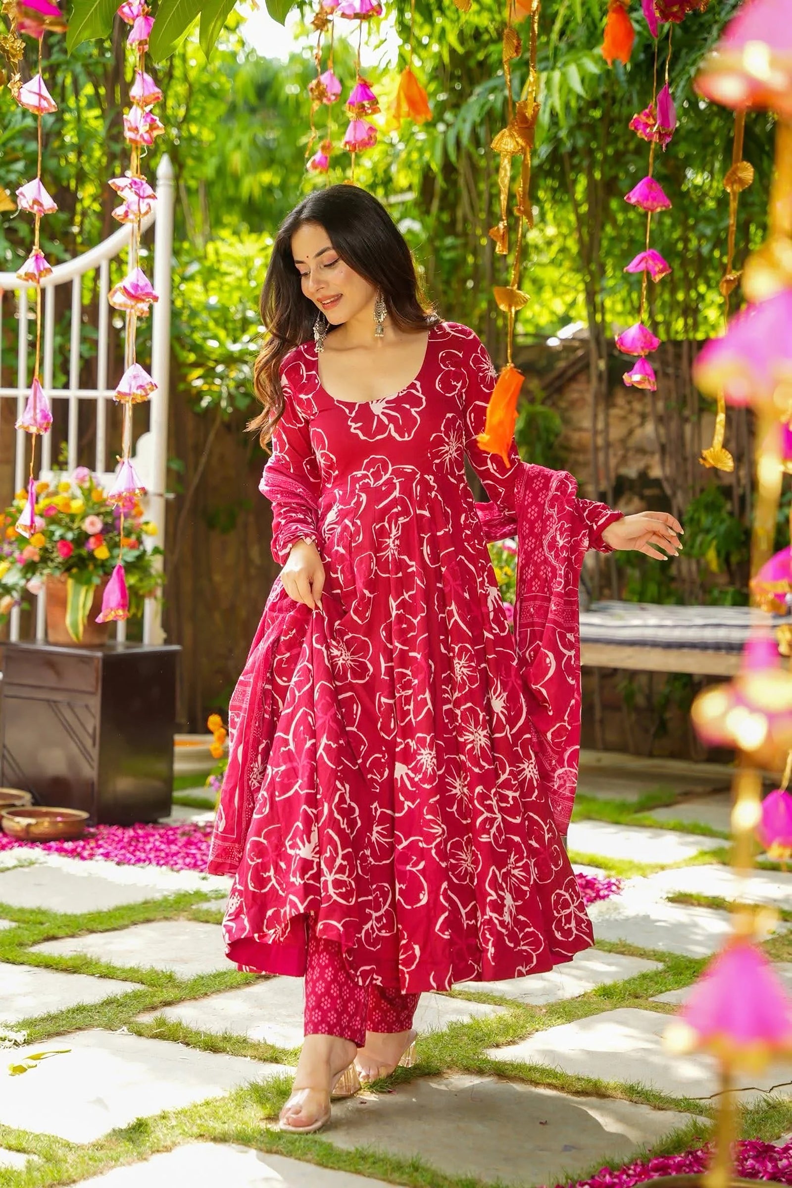 Muslin Digital Print Anarkali Kurti Pant Dupatta Set Clothsvilla